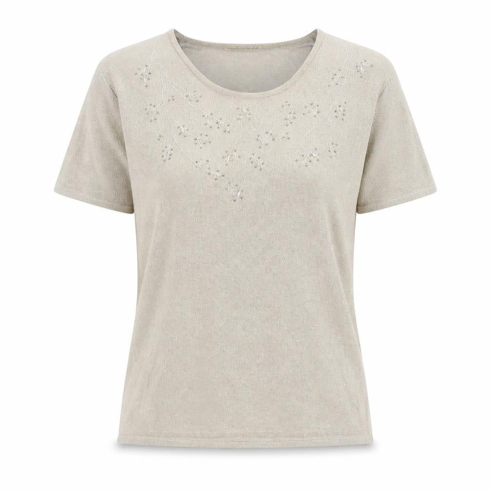 Front view of Viz a Viz women’s gold polyamide basic t-shirt, size UK 14, round neck