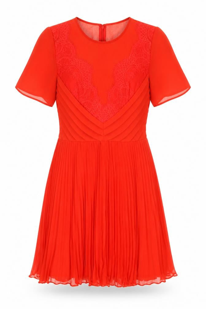 ASOS Womens Red Polyester Fit & Flare Size 10 Round Neck Zip - Lace Detail