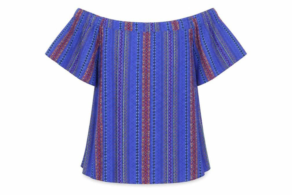 Front view of New Look women’s blue striped polyester basic blouse, size UK 8, off the shoulder