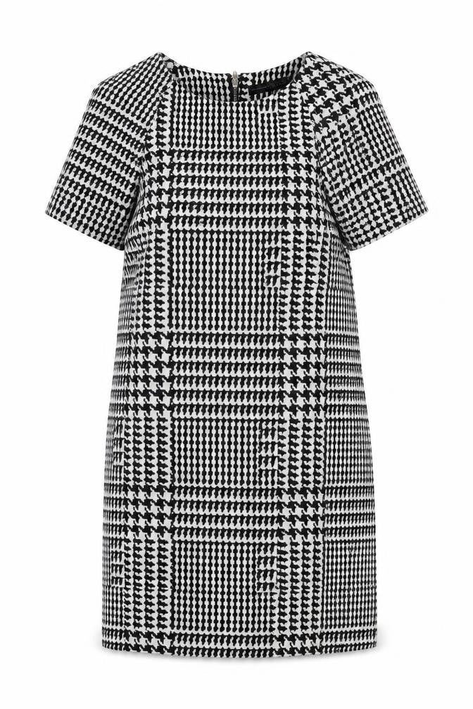 Front view of Atmosphere women’s black plaid polyester shift, size UK 10, boat neck zip