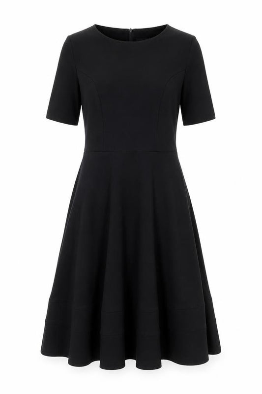Front view of ASOS women’s blue polyester fit & flare, size UK 10, boat neck zip