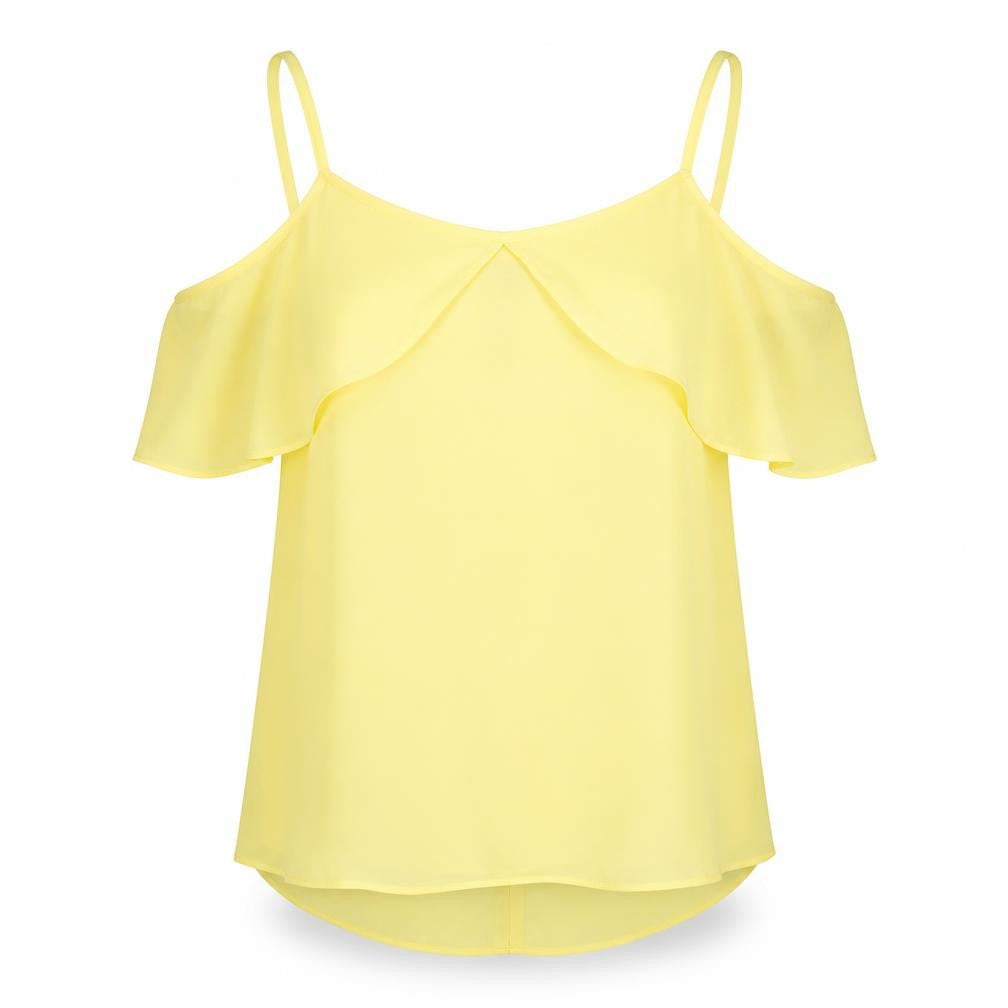 Front view of Peacocks women’s yellow polyester basic tank, size UK 12, round neck