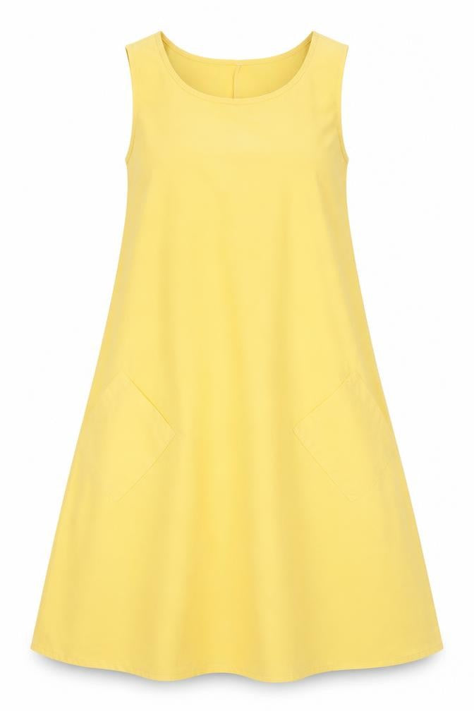 Front view of women’s yellow polyester a-line, size S, scoop neck pullover