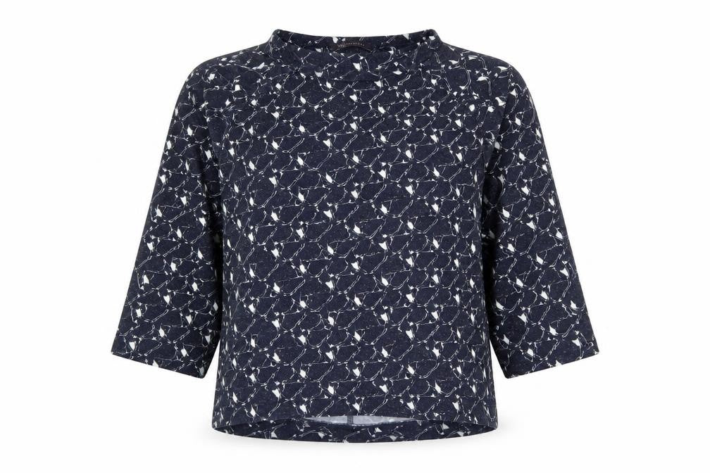 Front view of Marks & Spencer women’s blue geometric polyester basic blouse, size UK 12, boat neck - bird print