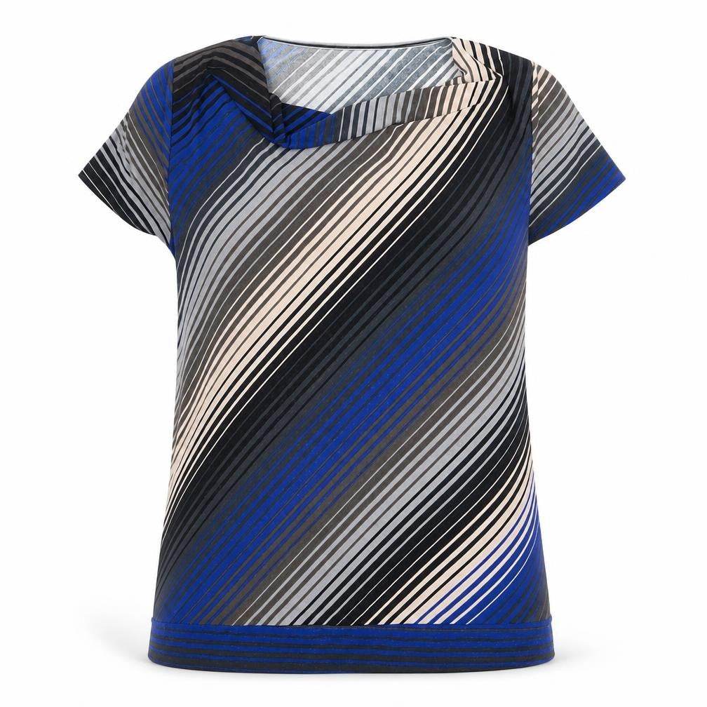 Front view of CMD women’s multicoloured geometric polyester basic t-shirt, size M, mock neck