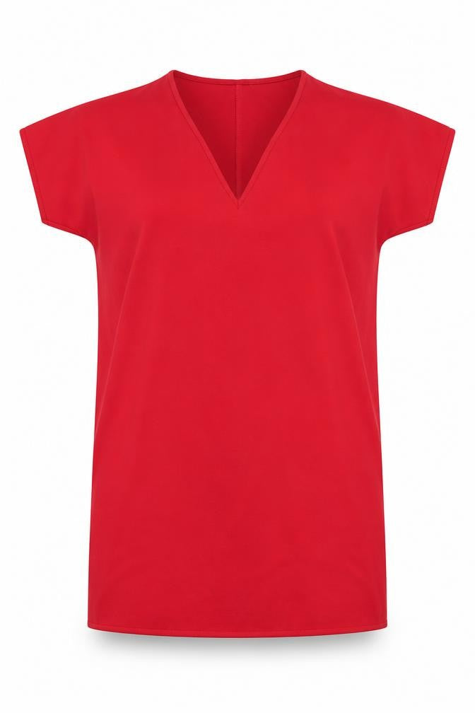Front view of Boohoo women’s red polyester shift, size UK 10, v-neck pullover