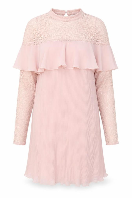 Front view of Very women’s pink polyester a-line, size UK 10, mock neck button - lace detail