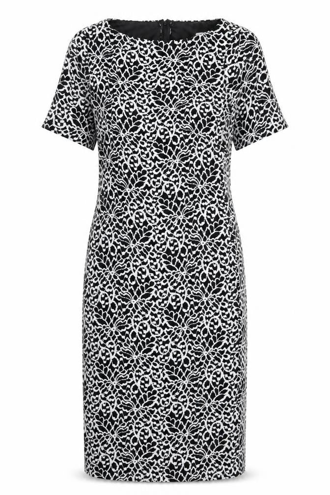 Front view of F&F women’s black geometric polyester sheath, size UK 10, boat neck zip