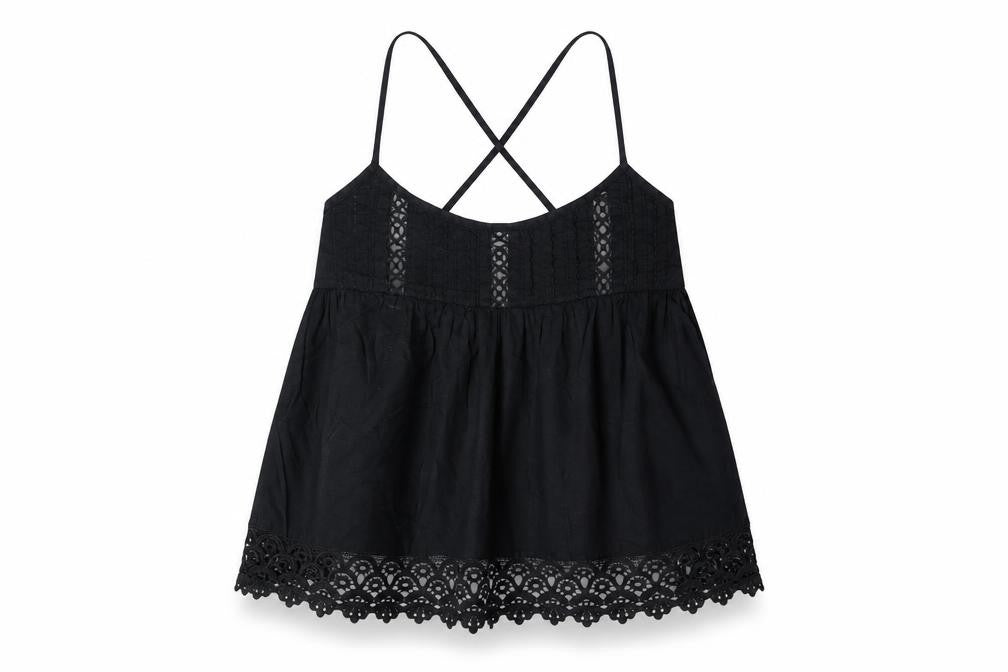 Topshop Womens Black 100% Cotton Camisole Tank Size 8 Scoop Neck - Cross Back Strap Detail