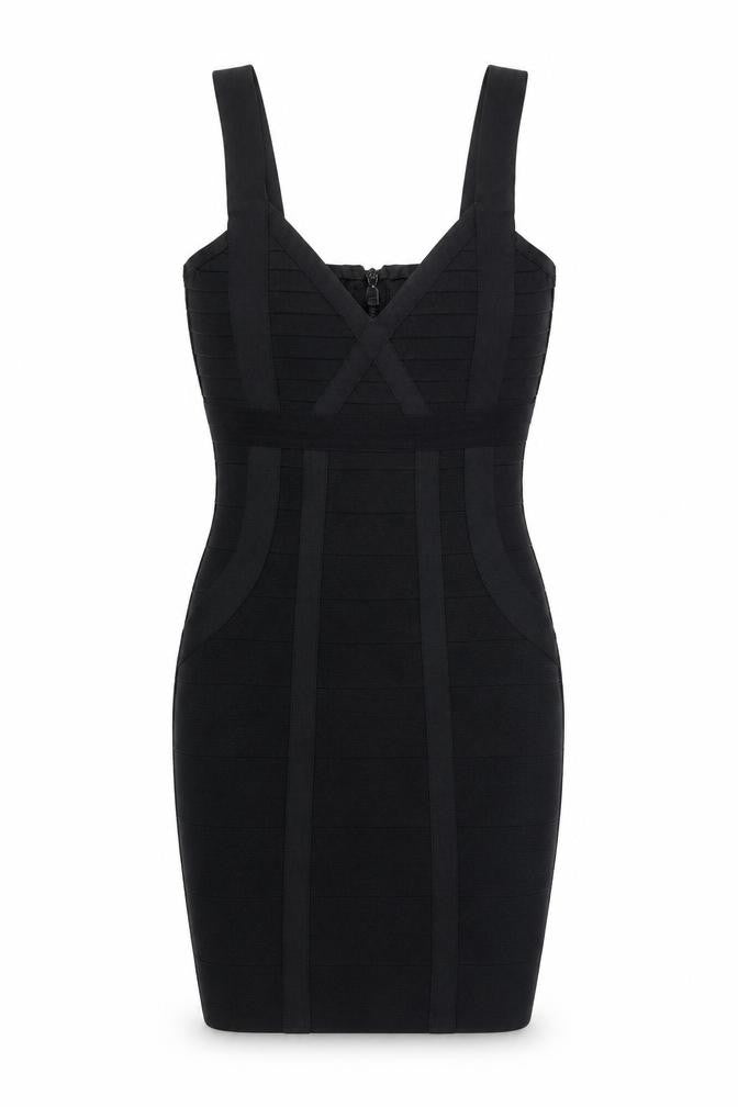 Front view of Boohoo women’s black polyester bodycon, size UK 10, v-neck zip