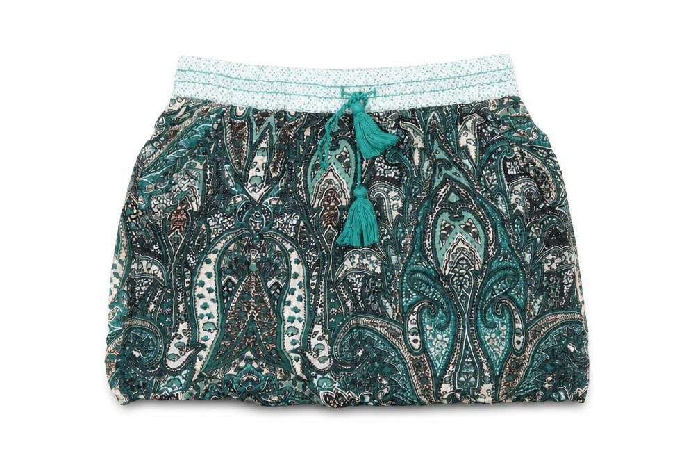 Front view of Natura women’s multicoloured geometric viscose mini skirt, size M, drawstring