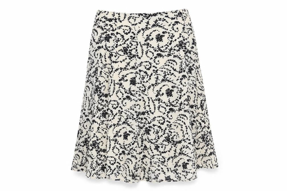 Front view of ICHI women’s white floral polyester swing skirt, size UK 10, zip
