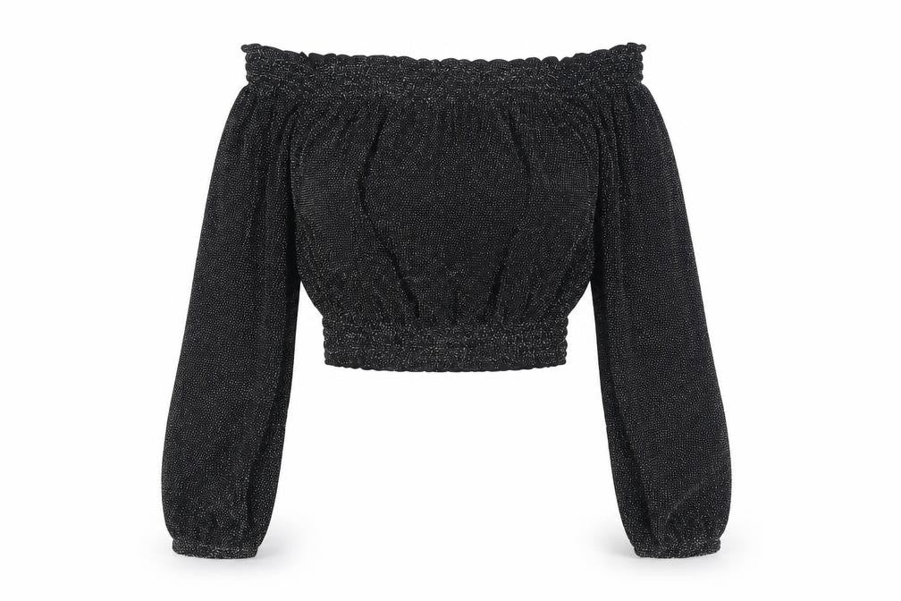 Front view of H&M women’s black polyamide cropped blouse, size XS, off the shoulder