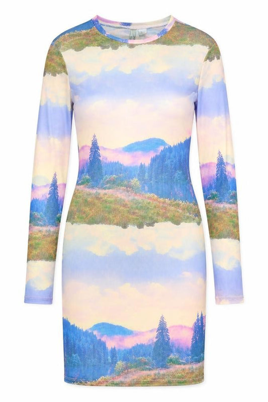 Front view of Divided by H&M women’s multicoloured geometric polyester bodycon, scoop neck pullover - landscape print