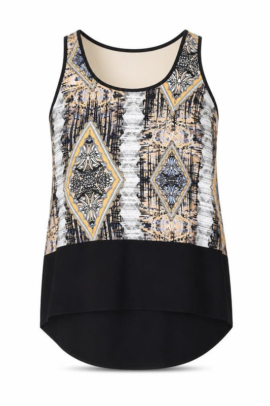 Front view of River Island women’s multicoloured geometric polyester basic tank, size UK 12, round neck