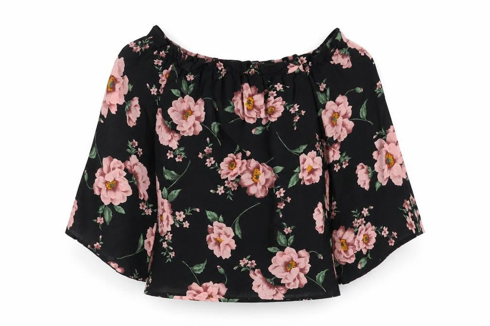 Front view of SHEIN women’s black floral polyester basic blouse, size M, off the shoulder