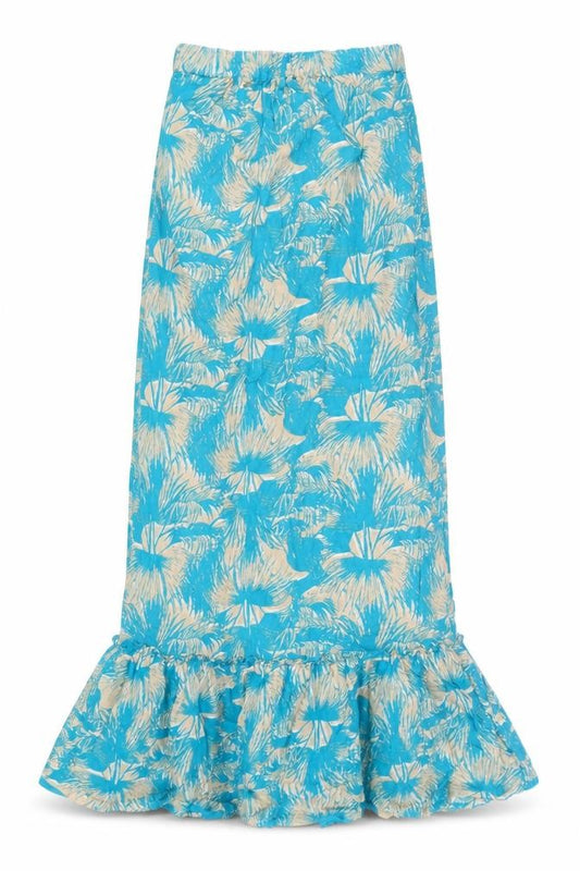 Front view of Stile Benetton women’s blue floral cotton trumpet skirt, size XS
