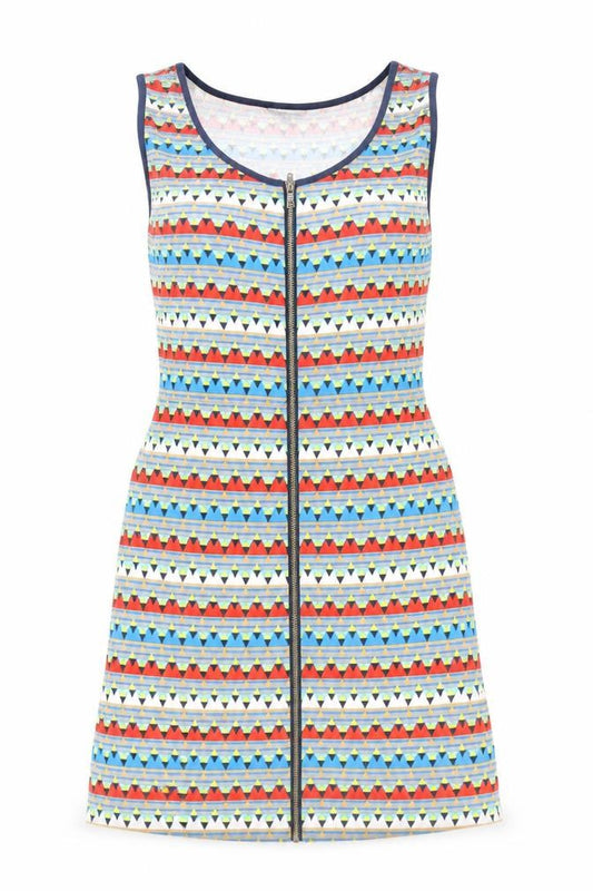 Front view of Limited Collection women’s multicoloured geometric viscose tank dress, size UK 10, boat neck zip