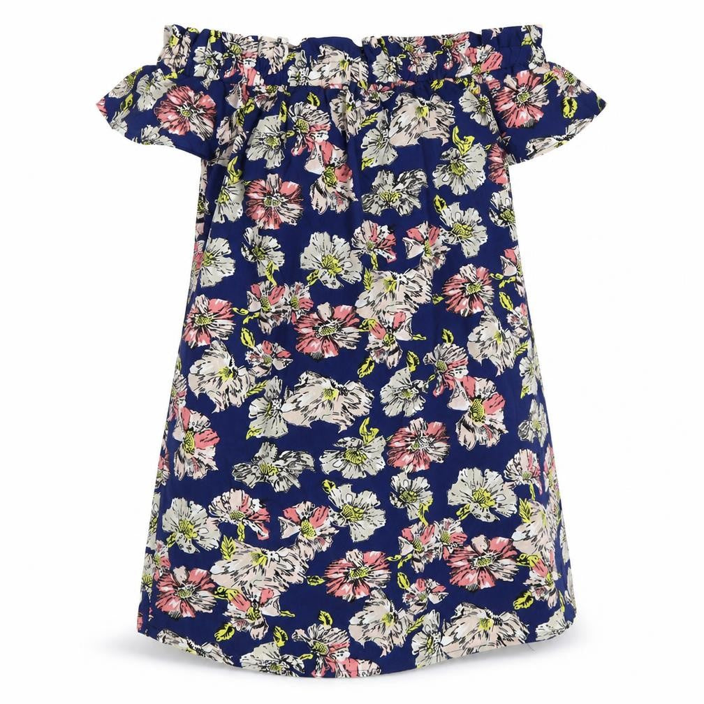 Front view of Atmosphere women’s blue floral polyester mini, size UK 10, off the shoulder pullover