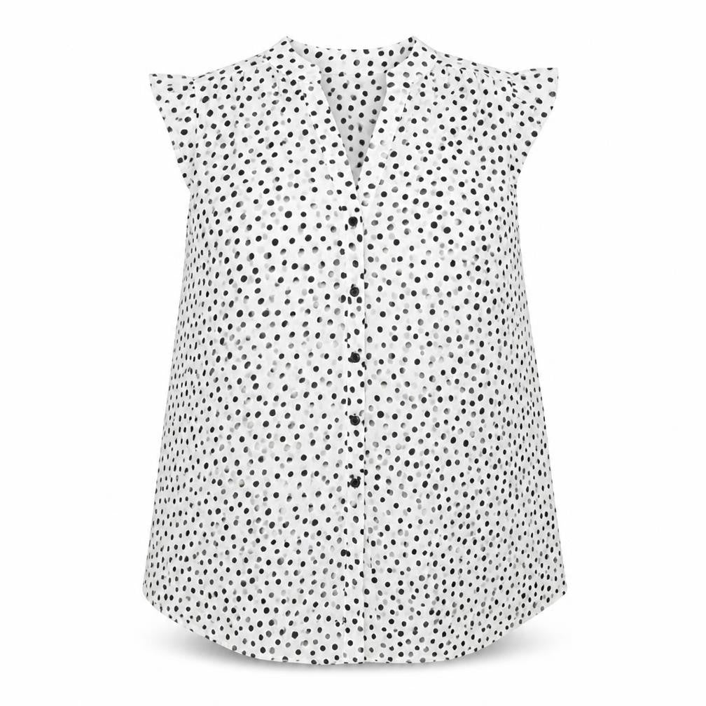 Front view of Roman women’s white polka dot polyester basic blouse, size UK 12, v-neck
