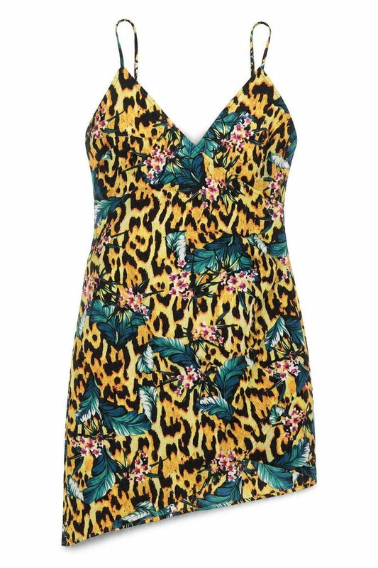 Front view of ASOS women’s multicoloured geometric polyester slip dress, size UK 6, v-neck zip