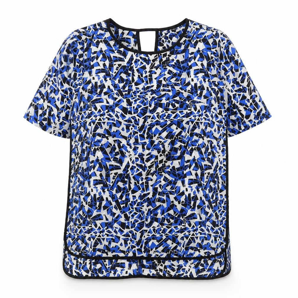 Front view of F&F women’s blue geometric polyester basic blouse, size UK 8, round neck