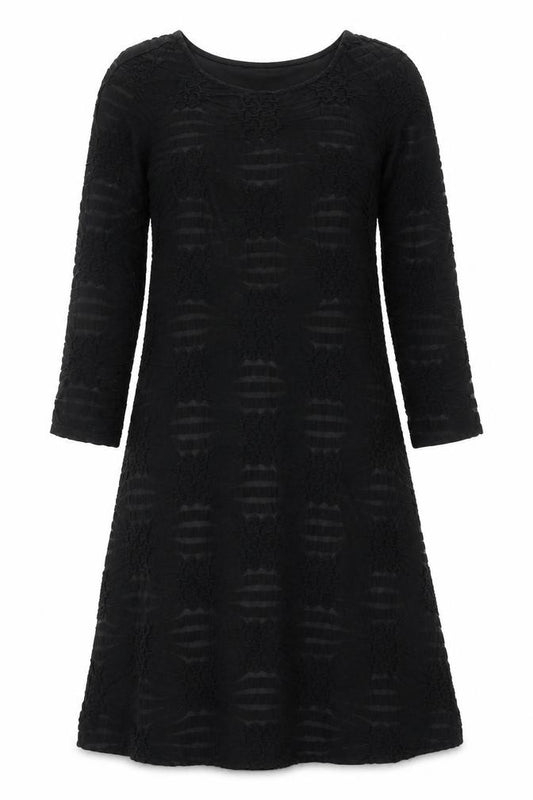 Front view of ECI women’s black geometric polyester a-line, size UK 6, scoop neck zip