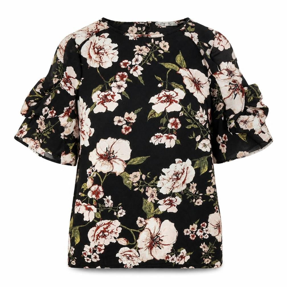 Front view of Peacocks women’s black floral polyester basic blouse, size UK 12, boat neck - cold shoulder