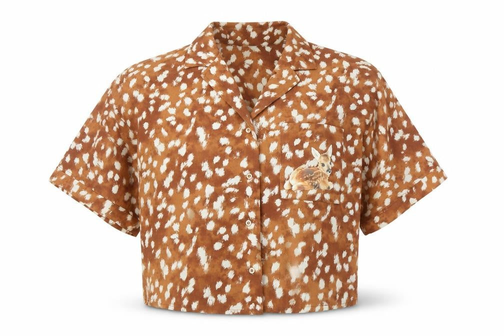 Front view of Befree women’s brown geometric polyester cropped button-up, size XS, v-neck - bambi print