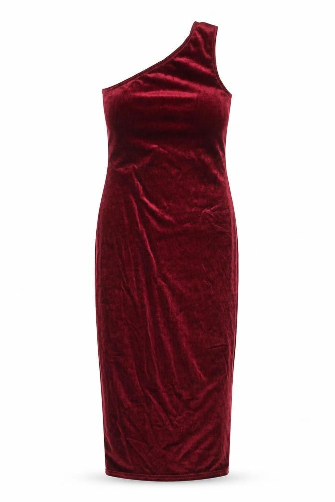 Front view of Boohoo women’s red polyester sheath, size UK 8, one shoulder pullover