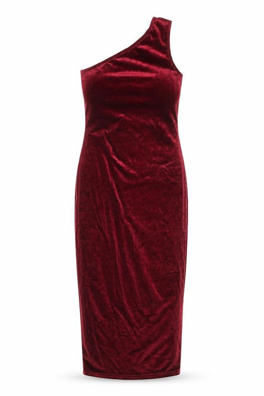 Front view of Boohoo women’s red polyester sheath, size UK 8, one shoulder pullover