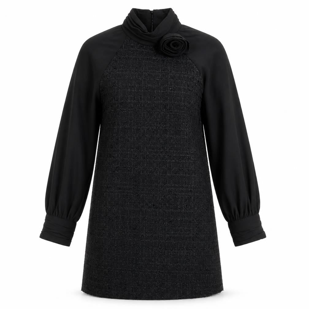 Front view of Zara women’s black polyester shift, size M, high neck button - 3d flower