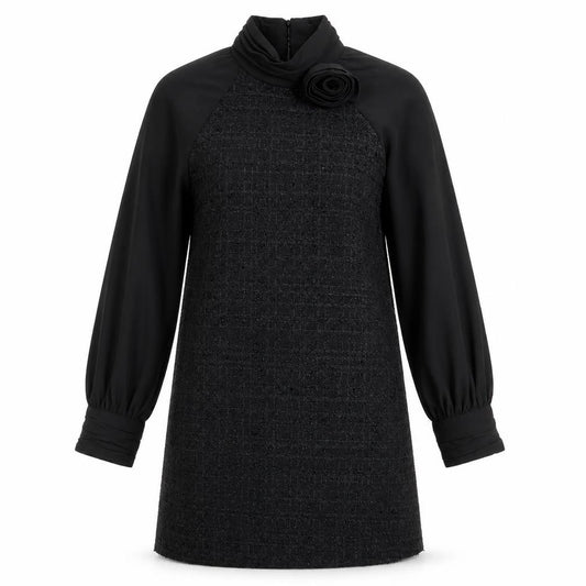 Front view of Zara women’s black polyester shift, size M, high neck button - 3d flower