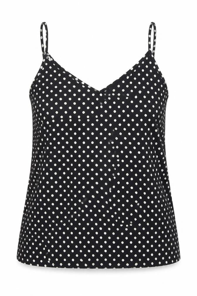 Front view of MO Woman women’s black polka dot polyester basic tank, size L, v-neck