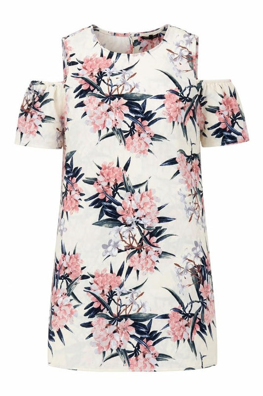 Front view of Warehouse women’s ivory floral polyester shift, size UK 12, roll neck pullover - cold shoulder