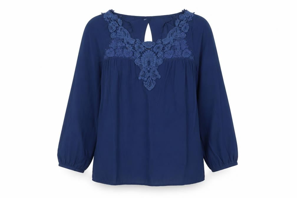Mango Womens Blue Polyester Basic Blouse Size S Boat Neck - Lace Detail
