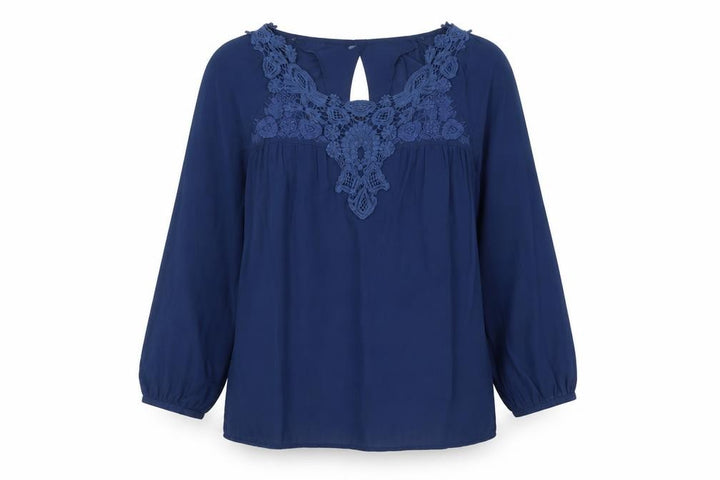 Mango Womens Blue Polyester Basic Blouse Size S Boat Neck - Lace Detail