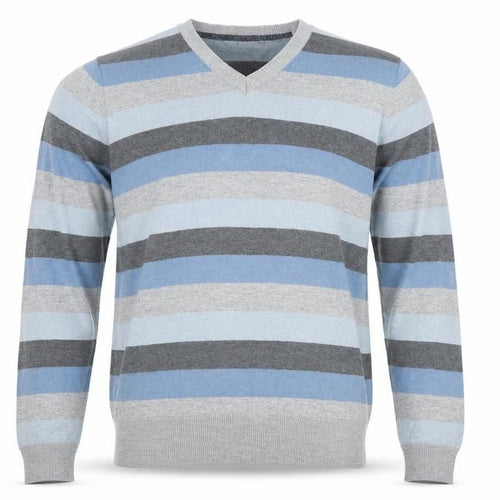 Marks and Spencer Mens Grey V-Neck Striped Cotton Pullover Jumper Size M Long Sleeve