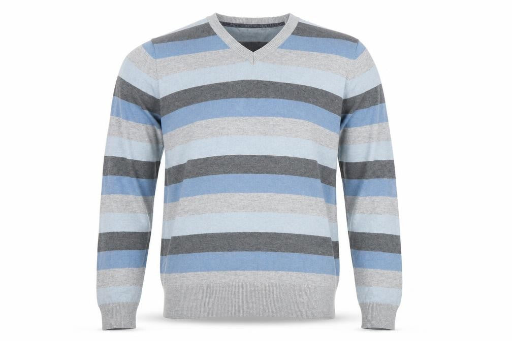 Marks and Spencer Mens Grey V-Neck Striped Cotton Pullover Jumper Size M Long Sleeve