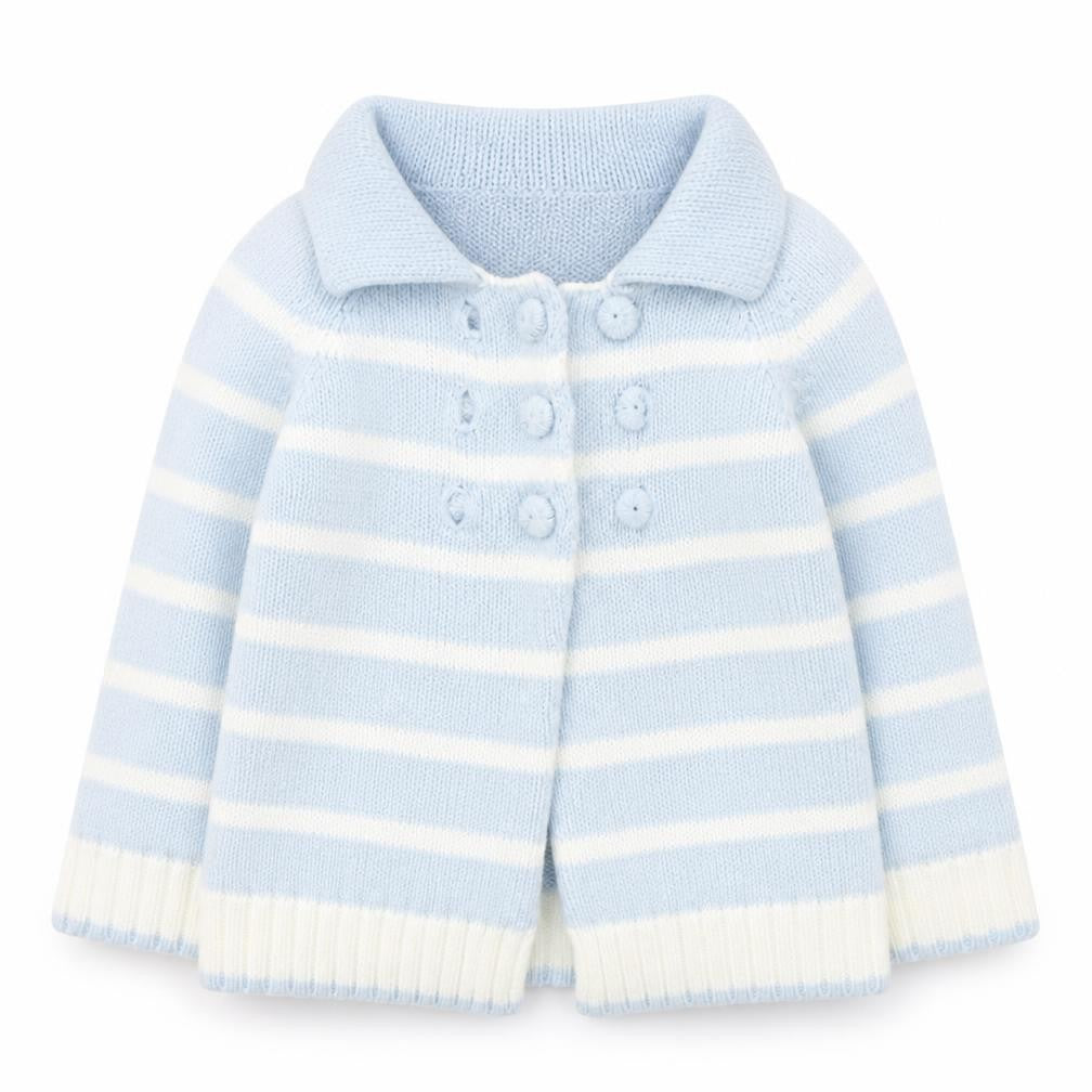 Front view of Powell Craft boys’ blue striped jacket, size 12-18, months button