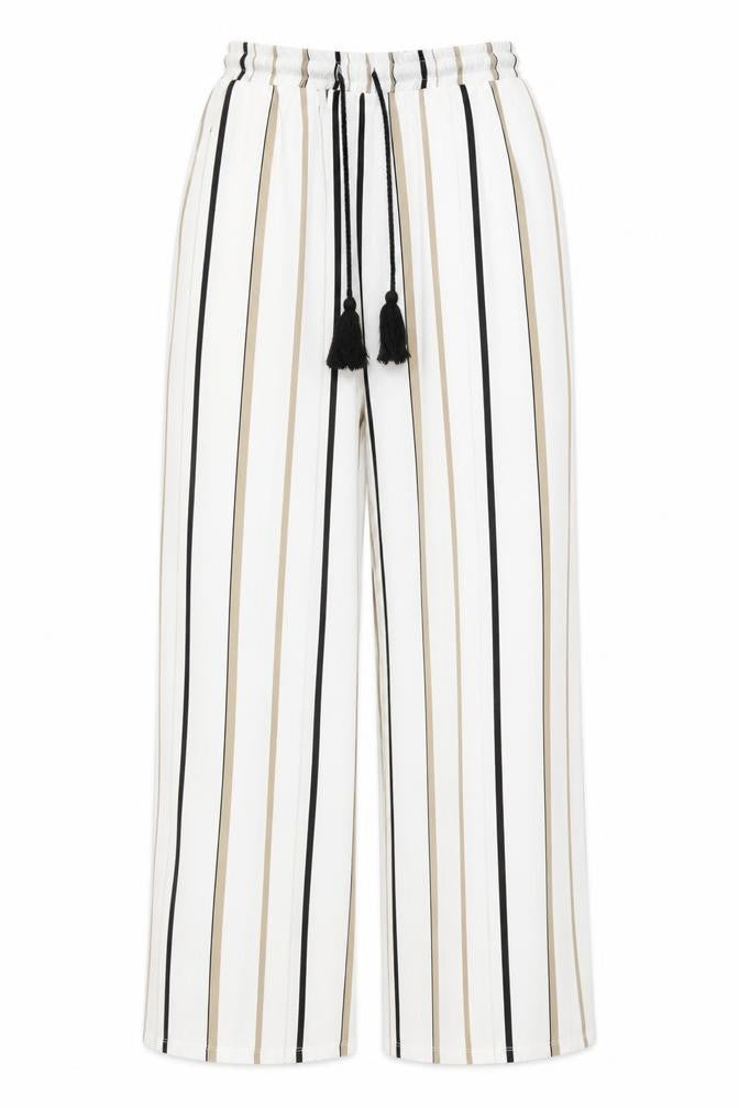Front view of Moodys women’s ivory striped polyester trousers, size S, regular drawstring