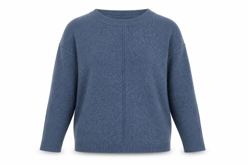 Front view of Buffalo women’s blue round neck acrylic jumper, size L