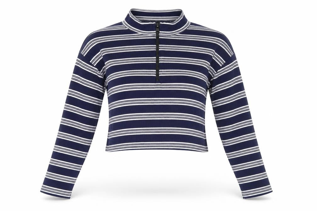Front view of Nasty Gal women’s blue high neck striped polyester jumper, size UK 8
