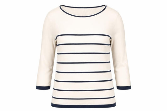 Front view of Country Casuals women’s beige round neck striped viscose jumper, size M