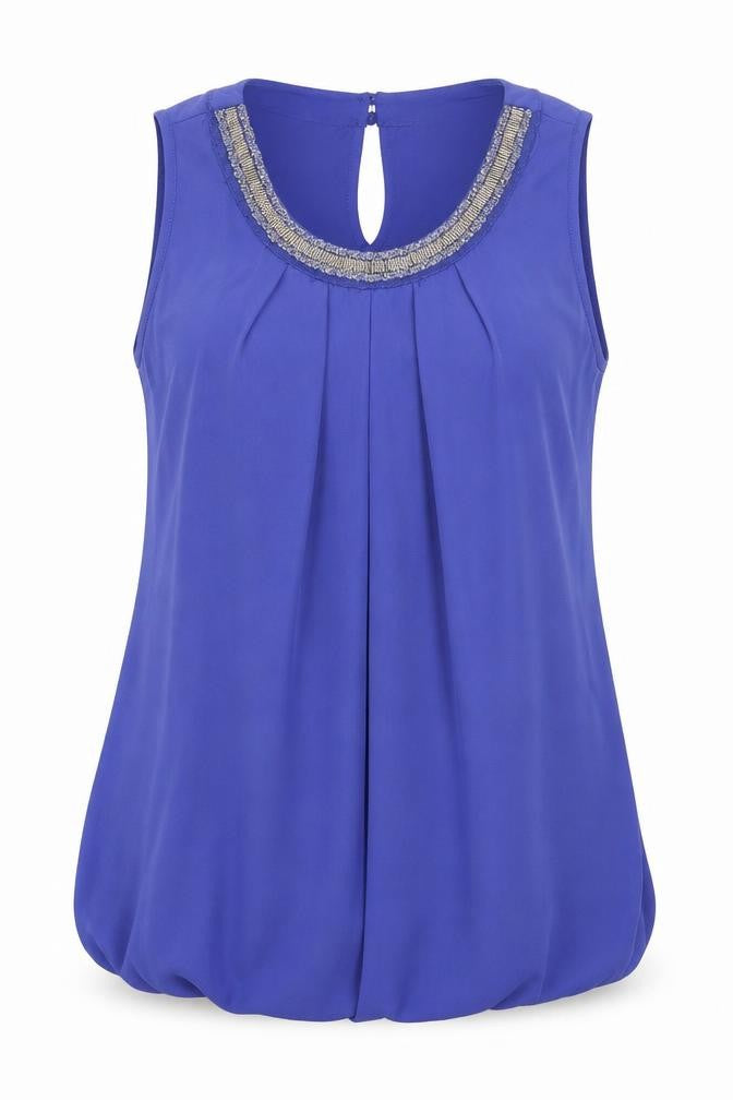 Front view of Dorothy Perkins women’s blue polyester basic tank, size UK 14, round neck