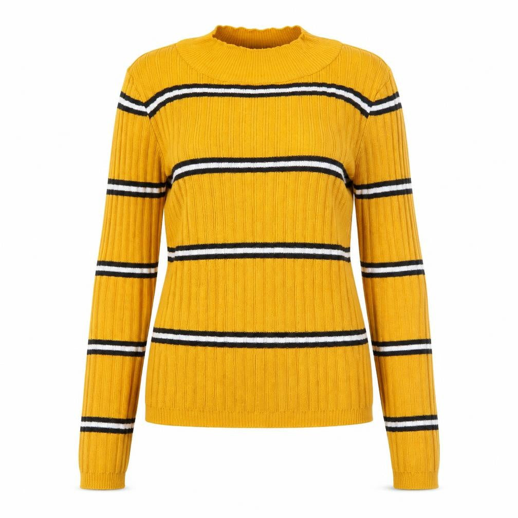 Front view of Primark women’s yellow mock neck striped polyester jumper, size UK 6