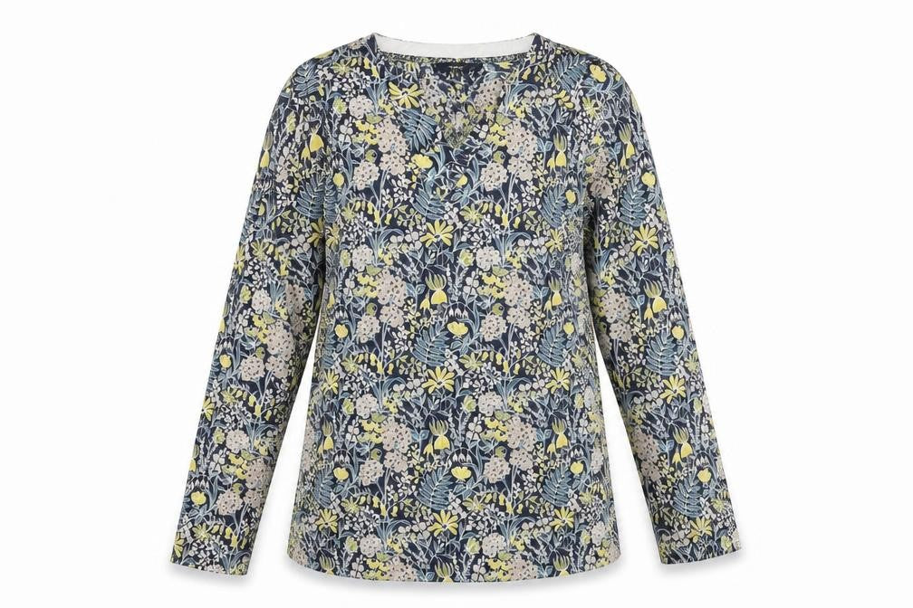 Front view of Next women’s blue v-neck geometric cotton jumper, size UK 10