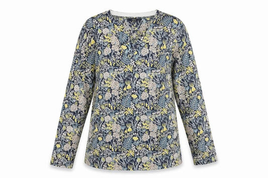 Front view of Next women’s blue v-neck geometric cotton jumper, size UK 10