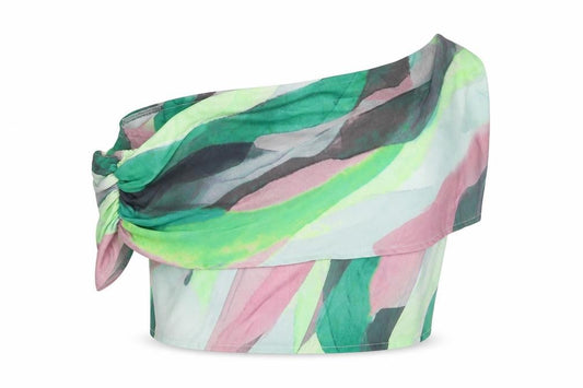 Front view of PRETTYLITTLETHING women’s multicoloured geometric polyester cropped tank, size UK 16, off the shoulder