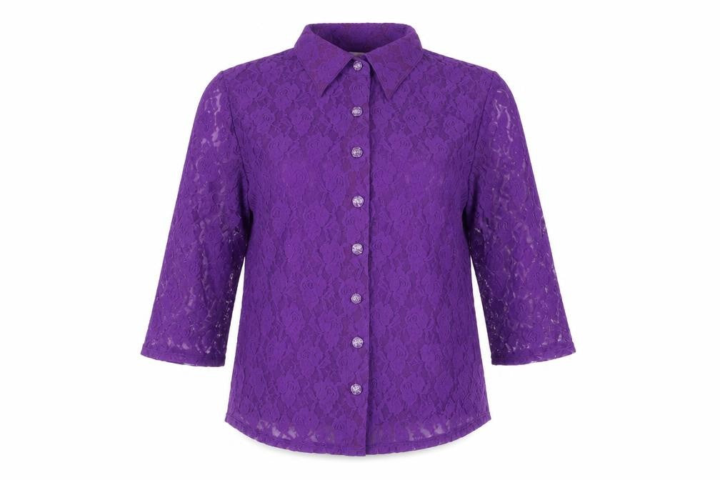 Front view of Michele Hope women’s purple geometric nylon basic button-up, size UK 14, v-neck